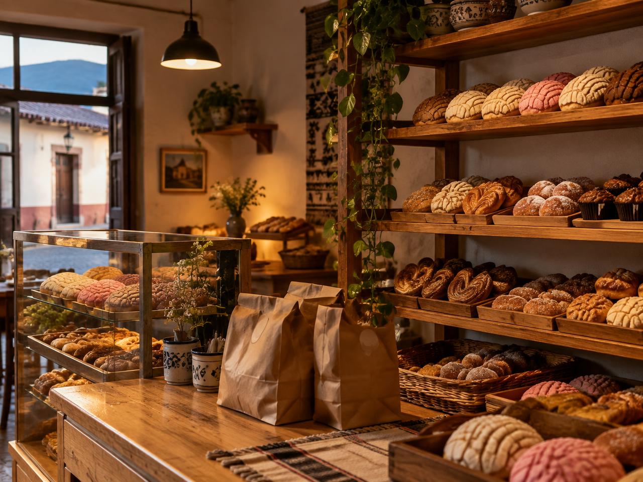Panadería mexicana con pan dulce en los estantes al atardecer